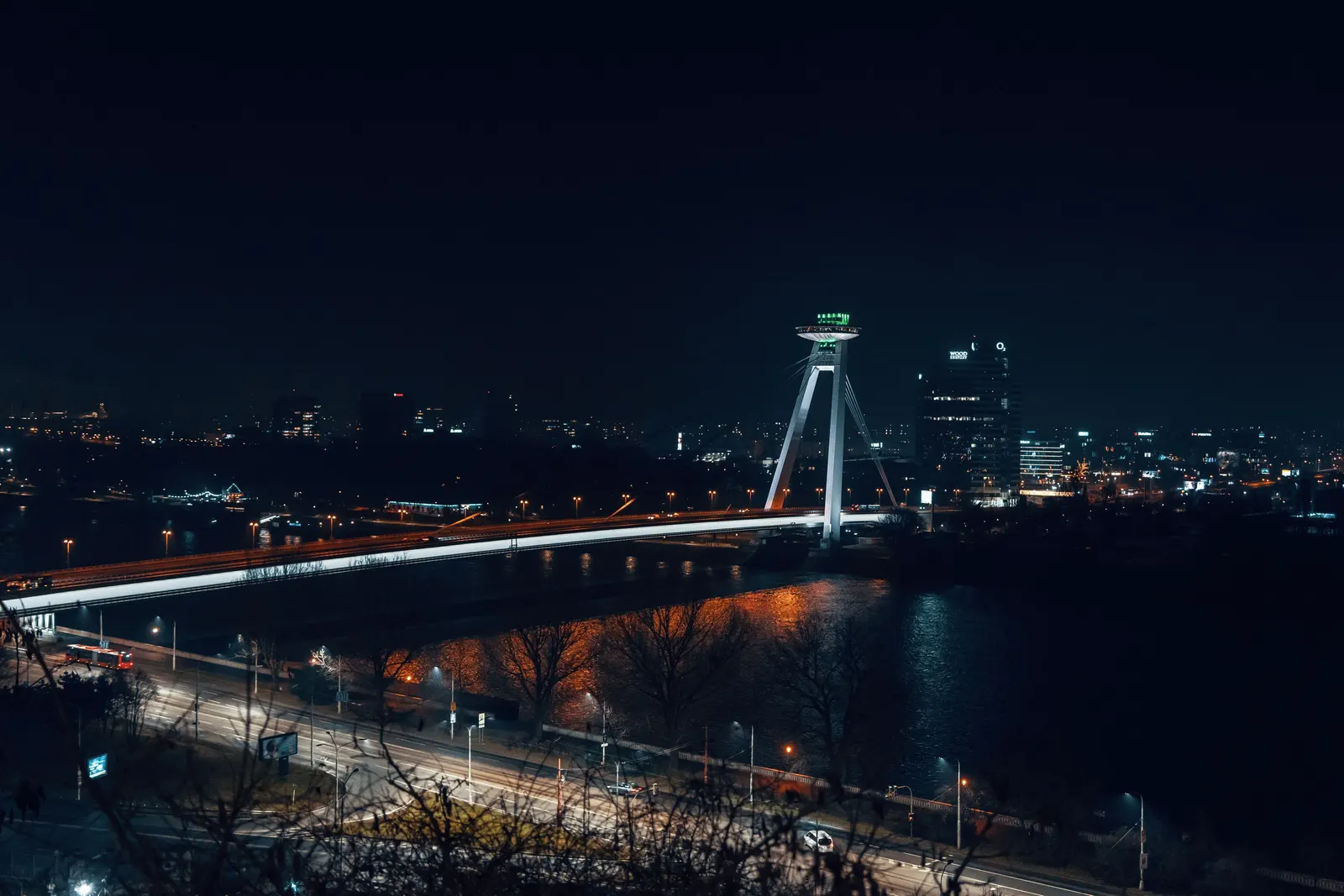 Bratislava at night, the Danube and its bridge seen from the castle